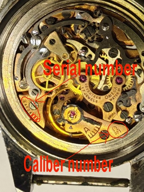 location of serial number and caliber number on an omega watch movement